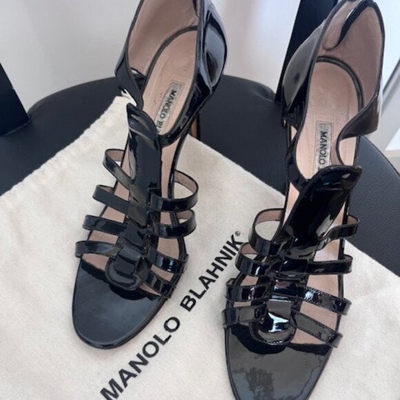 Manolo Blahnik Black Paten Leather Stiletto Heels - Size 40 - Picture 2 of 9